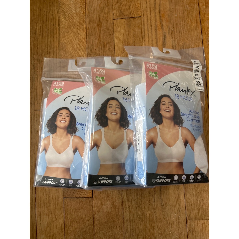 3 Pack Playtex 18 Hour Active Breathable Comfort Wirefree Bra 40C White 4159